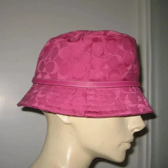 ❤️COACH PINK LOGO / LEATHER BUCKLE STRAP BUCKET CRUSHER HAT P/S - Picture 1 of 7